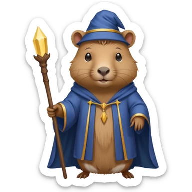 A mystical queen Capybara wearing a wizard robe and a wand sticker