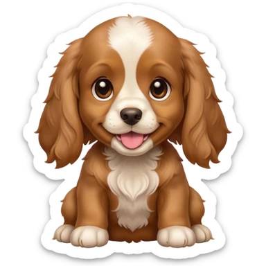 A cute baby cocker spaniel dog, with brown ears and back, and golden face and chest, with a very happy face sticker