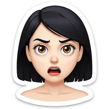 white woman black hair with face of shock, fear, disgust, and a raised eyebrow sticker