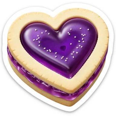 Realistic shortbread cookie in the shape of a heart with violet jelly middle filling and sprinkled powder sugar on top. sticker