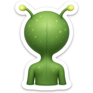 Add more details to this rear view alien in emoji style: visible antennae, subtle back ridges, small glowing spots, and a hint of feet, no background. sticker