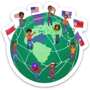 planet which is connected by the net of the internet of a purple colour. planet looks like green and red circle. On the planet there are people with different flags sticker