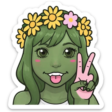 girly character sticking tongue out and showing peace hand sign, meme emoji style, over-the-top playful sticker
