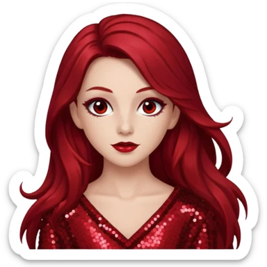 Chappell Roan (b.1998) with long dark red hair, red sequin outfit, makeup sticker