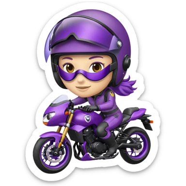 Créer un emoji avec une moto mt07 sport noir mate / violet iridescent très foncé, pare-brise de la moto violet. Avec une femme pilote dessus, visage masqué par la visière violette . Avec en arrière plan cercle violet. sticker