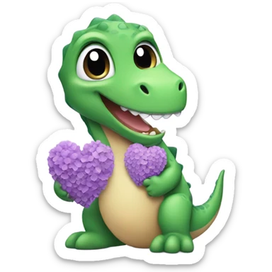 baby dinosaur holding a lilac heart sticker