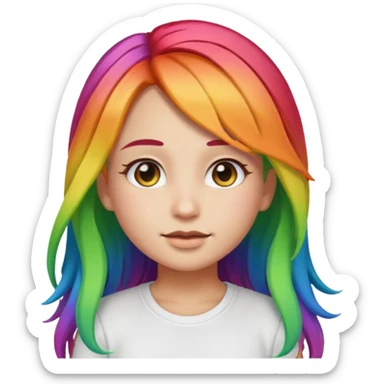 girl emoji with long rainbow hair, she's wearing a white top and has light olive skin  sticker
