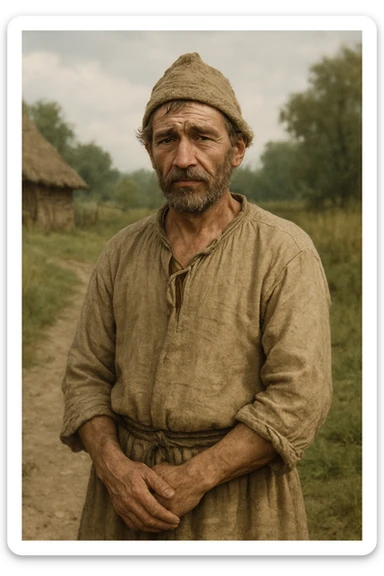 a real-life peasant, historically accurate, simple clothing, humble expression, standing in a rural setting, natural colors, realistic style sticker