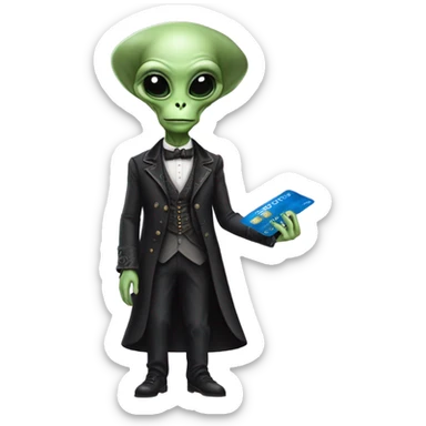 alien galora in Victorian dress elegant, full body, holding big credit card sticker