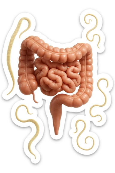 INTESTINO UMANO ANATOMICO REALISTICO FLUTTUA IN ARIA INSIEME A PARASSITI COME LA TENIA, SFONDO CHIARO, iperrealistico 4k sticker