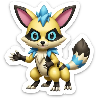 Modern anthropomorphic furry futuristic shiny colorful Zeraora-Minccino-Pichu-Obstagoon-WereGarurumon-fusion (full body) sticker