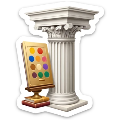 An icon featuring a paint palette, a sculpture, and a book, symbolizing the study of culture and art. The design includes a classical column and a canvas, representing art history and cultural exploration. Transparent background highlights the connection between creativity and history. sticker