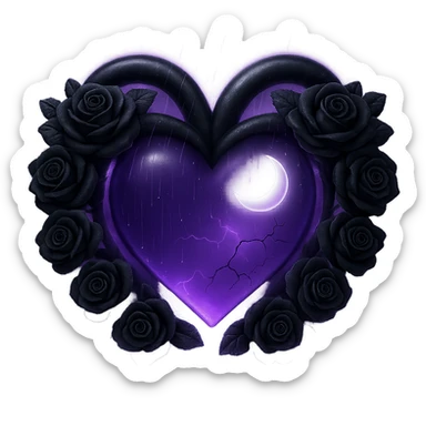 Add a glowing aura around the gothic heart, keeping the prominent black roses, purple glass with a crescent moon, dripping effect, faint lightning in the background, much more rain and thick mist, cracked glass with a glowing mist. The style should resemble 3D emoji style. Remove the background. sticker