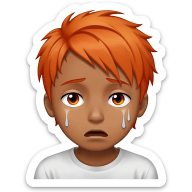 brownskin boy with emo orange hair, red and black eyes, crying white tears, more cartoonish sticker