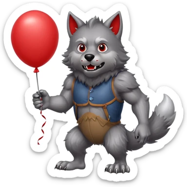 A gray werewolf with a giant red balloon sticker