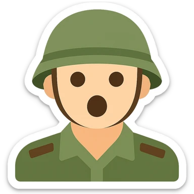 Convert this surprised soldier icon to a clean and modern color version with natural skin tones, a green or khaki helmet, and subtle shading. Keep the style clean and modern with a transparent background. sticker