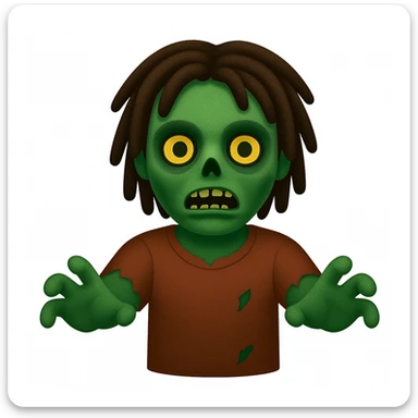 Transform the person in the image into a zombie with dreadlocks, classic green skin, and arms outstretched, in the style of emoji. The style should mimic the concise and simple look of apple style emojis with clear zombie features and green skin tone. sticker