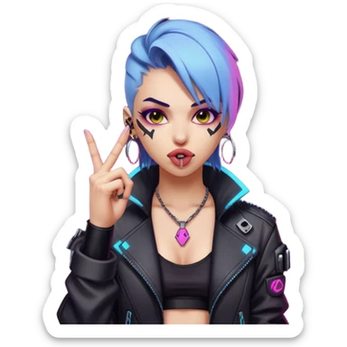 Woman with her tongue out in cyberpunk clothing and giving the middle finger. Looking naughty. sticker