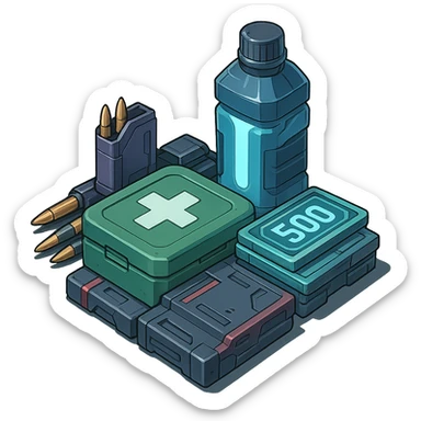 the image is the icon for a videogame  item. futuristic cyberpunk -ready to equip- it is master craftsmanship [ unequipped item ]
It is a pile of miscilaneous loot, some ammunition, credits, first-aid, and a hydrator, neatly bunched together, isometric view, orthographic - style of anime - neatly staged sticker