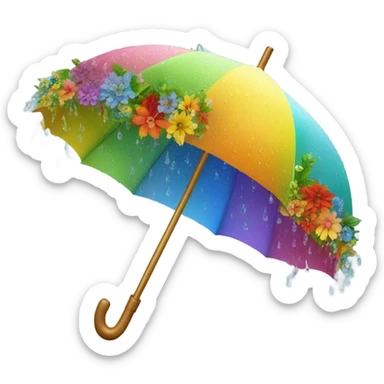 Rainbow umbrella made of flowers with dew drops dripping off and a large handle  sticker
