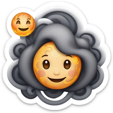 dark gray planet with smoky swirls and clouds with a cute smiling face sticker