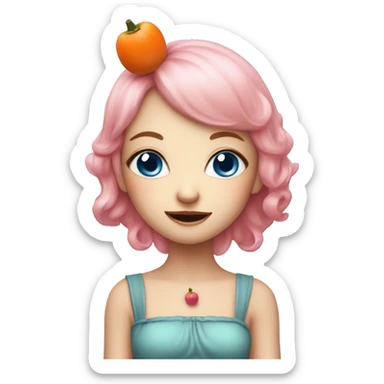Cute fairy lady with pink hair, blue eyes, pointy ears, eating persimmon sticker