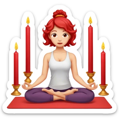 Light skin, yoga, red curled hair shoulder length, candles on the yoga mat sticker