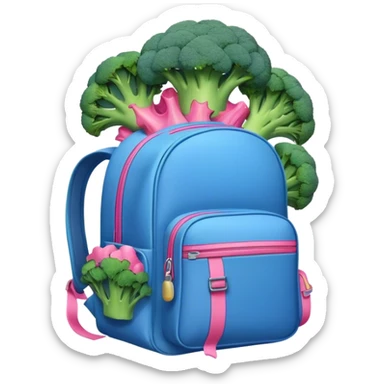 A Big Blue backpack with pink broccoli falling out sticker