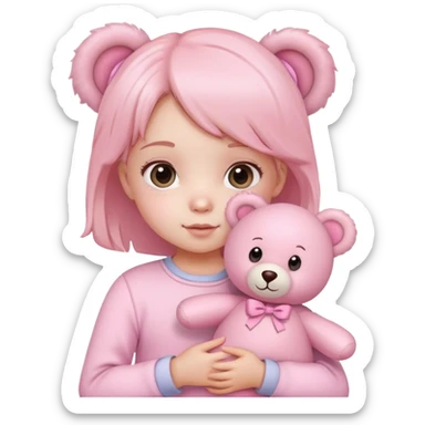 cute toddler girl with pastel pink clothes holding a pink teddy bear sticker