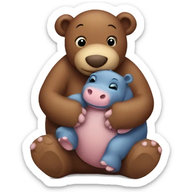 brown teddy bear hugging a baby hippo sticker