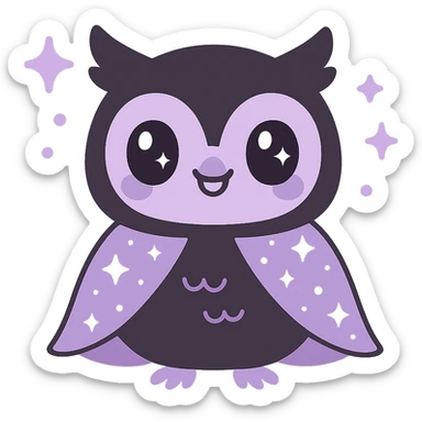 kawaii style magical gothic owl, cute face, black feathers, purple accents, wearing a starry cape, surrounded by magical sparkles, mysterious and friendly sticker