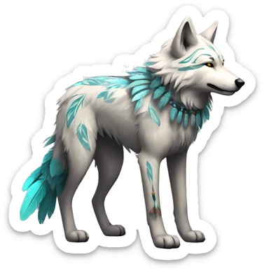 Fluffy Shy Spiritual Shamanic Wolf With Shiny Tribal Markings wearing feathers Full Body sticker