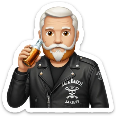 Un motero de barba blanca, chupa de cuero y bebiendo de una botella de Jack Daniel's. sticker