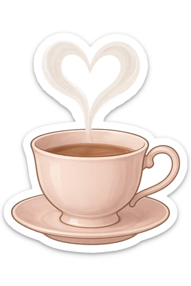 romantic teacup with heart-shaped steam, no background sticker