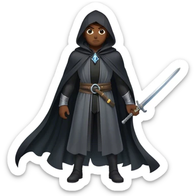 A mysterious swordsman in a black cloak, mist swirling around him sticker
