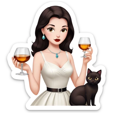 Beautiful woman in 1950’s woman fashion look, white dress, long dark brown hair, whisky with ice, black cat sticker