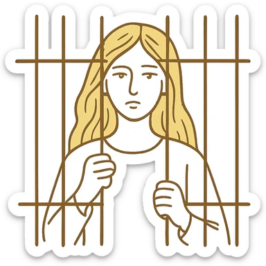 hand drawn outline style of a golden girl with long hair behind jail bars sticker