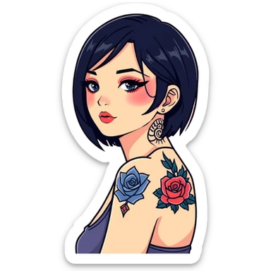 black haired girl with tattoos and makeup sticker