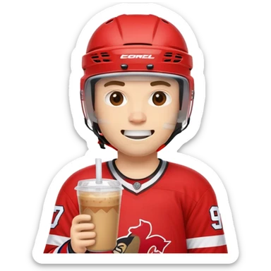 hockey player wearing red drinking an iced coffee wearing a helmet with missing teeth   sticker