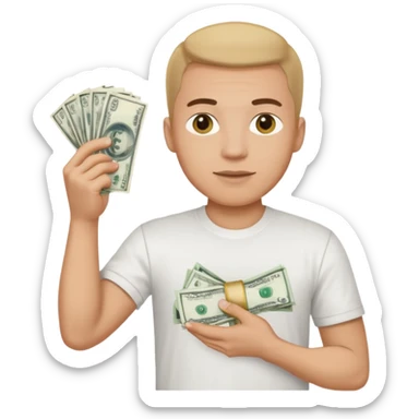 an American man with money in his hands wearing a T-shirt sticker
