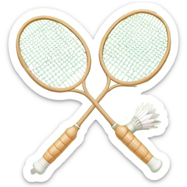 Two crossed badminton rackets with a shuttlecock resting in between, set against the faint outline of a badminton court. The image highlights the tools of the sport, with a subtle emphasis on the court's net and boundaries, symbolizing competition and skill. sticker