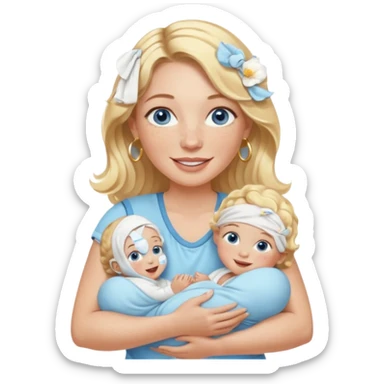 Wavy blonde, white woman with blue eyes, freckles hoop earrings, holding babies smiling and really cute in gold hoops she needs to be holding three newborns, and she needs to be more cute than pretty sticker