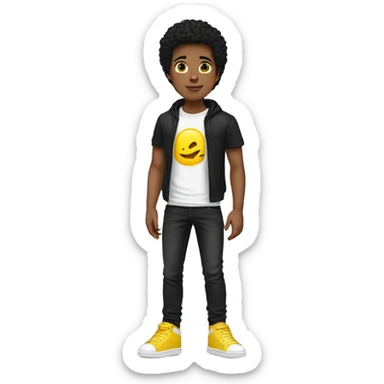 Boy with black hair black t-Short black jeans yellow sneakers and white skin sticker