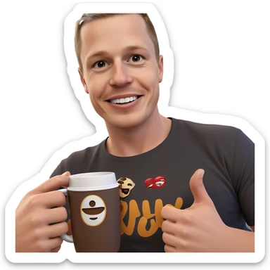 smiling boy with coffee cup sticker