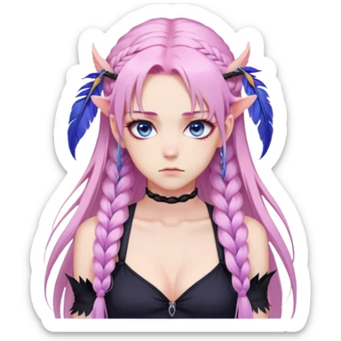 Gorgeous anime lady long-pale-pastel-pink-hair with one braid on each side, grumpy expression, purple-pink feather-ear-cuffs in hair, black bodysuit, blue eyes, pink iris, ethereal, fantasy, fashion aesthetic  sticker
