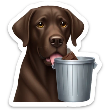 Chocolate lab eating a trashcan sticker