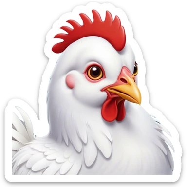 Cinematic Cute White Chicken Portrait Emoji, Head tilted playfully and inquisitively, featuring smooth, immaculate white feathers and a delicate red comb, round, sparkling beady eyes filled with curiosity, Simplified yet irresistibly adorable features, highly detailed, glowing with a warm, friendly glow, high shine, affectionate and lively, stylized with a touch of farmyard whimsy, bright and endearing, soft glowing outline, capturing the essence of a mischievous yet loving chicken, so playful it feels like it could peck out of the screen and into your arms! sticker