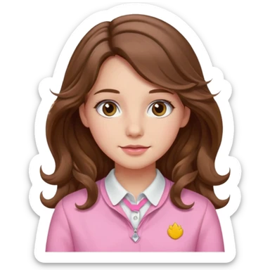 girl, long brown hair wavy, hazel eyes, pink preppy sticker