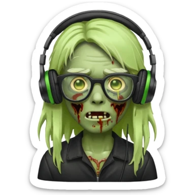 Zombie emoji with a middle long hair part style with black glasses and headphones sticker