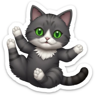 solid dark grey cat with green eyes, completely solid grey face, white toes/paws playing rolling upside down sticker